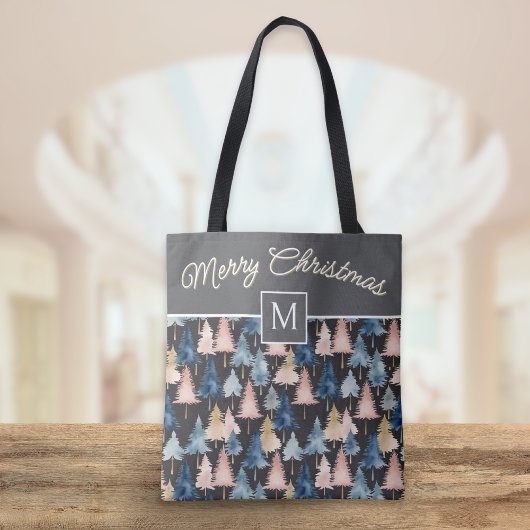Elegante feestelijke bomen Vrolijk kerstmonogram Tote Bag