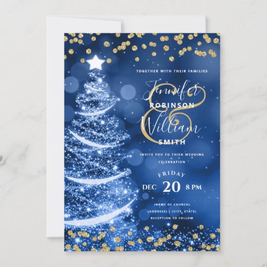 Elegante feestelijke gouden blauwe bruiloft kerstb kaart (Voorkant)