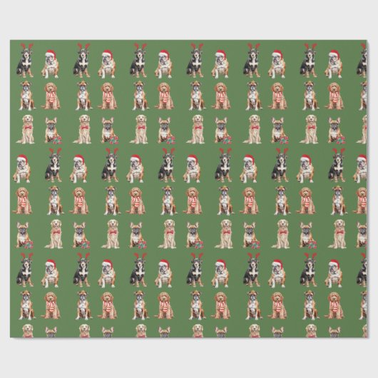 Elegante feestelijke groene puppy hond Kerstmis Cadeaupapier (Vlak)