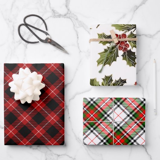 Elegante Feestelijke Kerst Plaid en Holly Inpakpapier Vel (Voorkant)