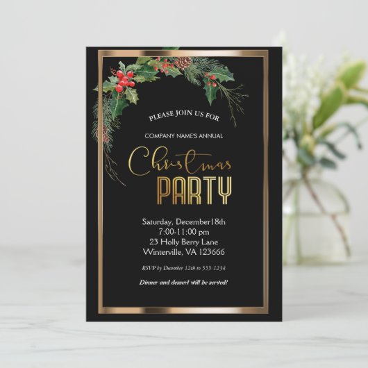 Elegante feestelijke kerstgouden uitnodiging (Staand voorkant)