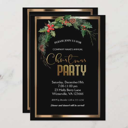 Elegante feestelijke kerstgouden uitnodiging (Voorkant / Achterkant)