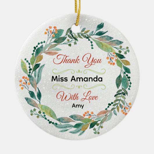 Elegante feestelijke leraar kerst krans keramisch ornament (Voorkant)