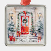 Elegante feestelijke rode deur Vrolijk kerstfeest Metalen Ornament (Voorkant)