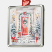 Elegante feestelijke rode deur Vrolijk kerstfeest Metalen Ornament (Links)