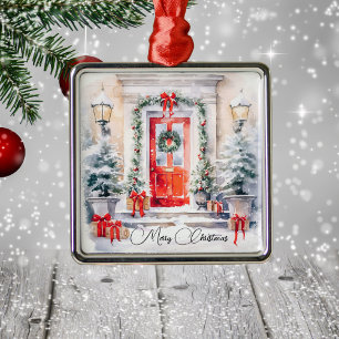 Elegante feestelijke rode deur Vrolijk kerstfeest Metalen Ornament