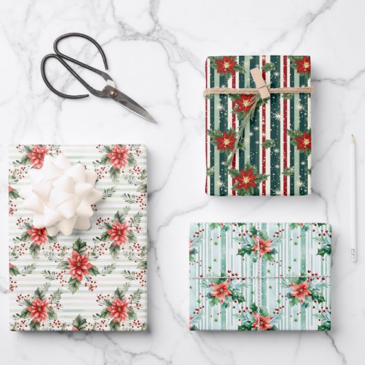 Elegante feestelijke rode & groene kerst gestreept inpakpapier vel (Voorkant)