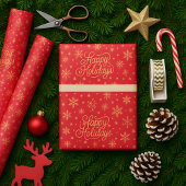 Elegante Feestelijke Rood en Goud Vrolijk Kerstfee Cadeaupapier
