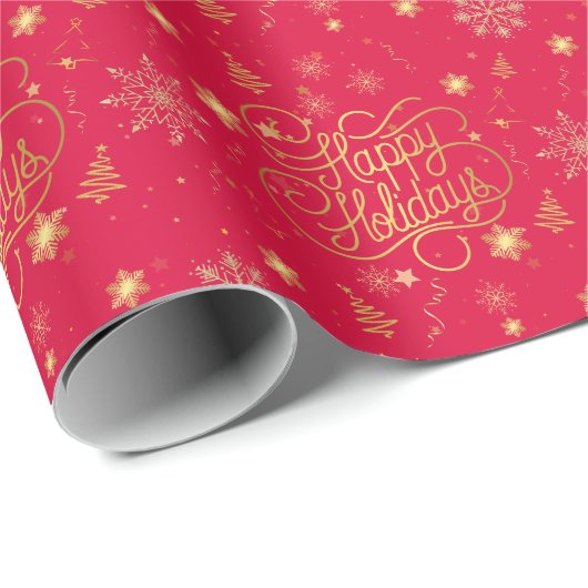Elegante Feestelijke Rood en Goud Vrolijk Kerstfee Cadeaupapier (Rol Hoek)