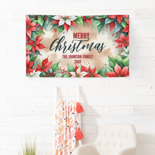 Elegante feestelijke rood-witte poinsettia kerst spandoek (Insitu)