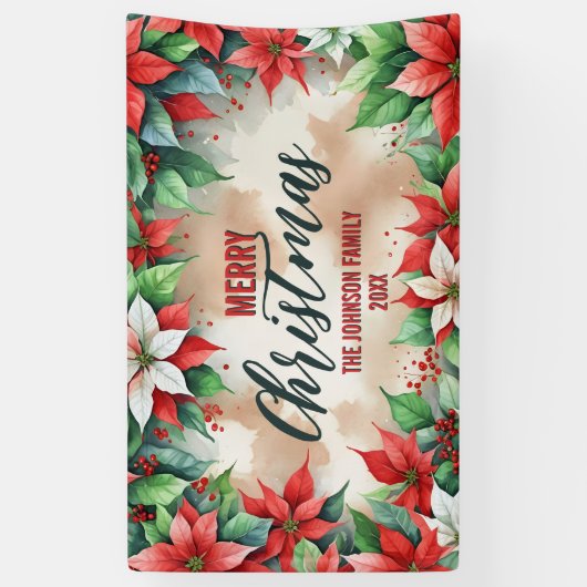 Elegante feestelijke rood-witte poinsettia kerst spandoek (Verticaal)