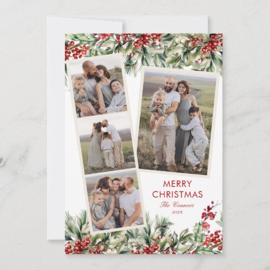 Elegante feestelijke vijf foto groen feestdagenkaart (Voorkant)
