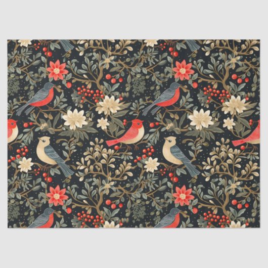 Elegante Feestelijke Vogels & Bloemen Kerstmis Dec Tissuepapier (Voorkant)