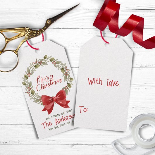 Elegante feestelijke vrolijke kerst krans rode boo cadeaulabel