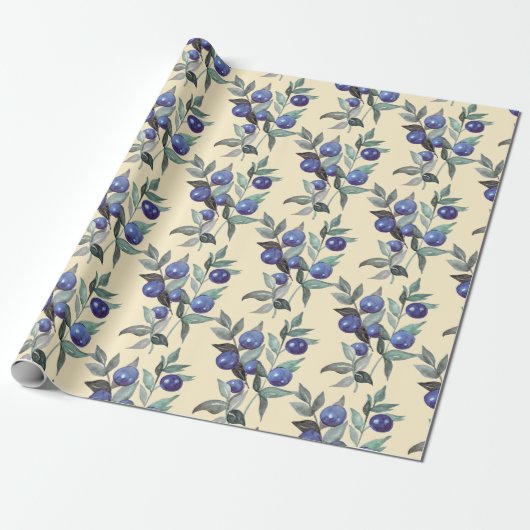 Elegante Feestelijke Waterverf Blauwe Berries op B Cadeaupapier (Uitgerold)