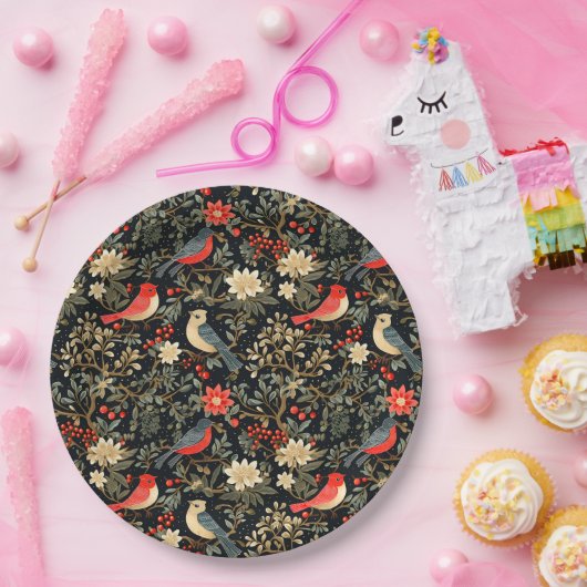 Elegante Feestvogels & Bloemen Kerstrood Papieren Bordje (Feest)
