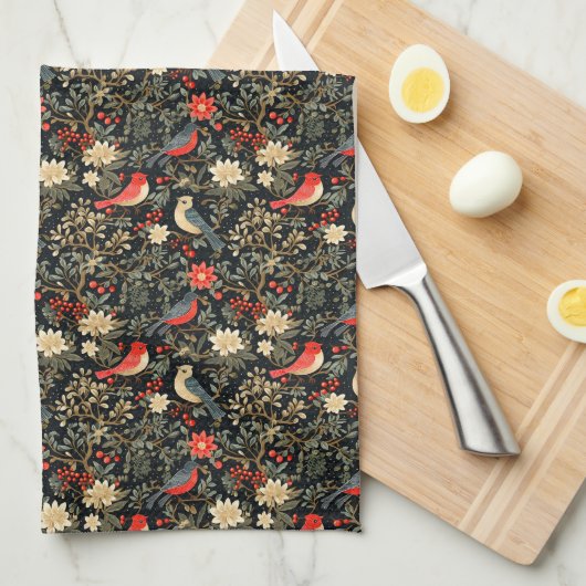 Elegante Feestvogels & Bloemen Kerstrood Theedoek (Quarter Fold)