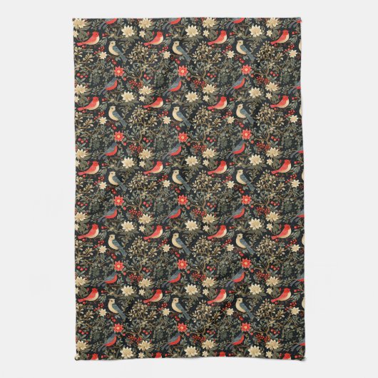 Elegante Feestvogels & Bloemen Kerstrood Theedoek (Verticaal)