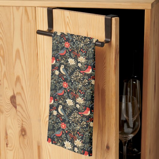 Elegante Feestvogels & Bloemen Kerstrood Theedoek (Derde Gevouwen)