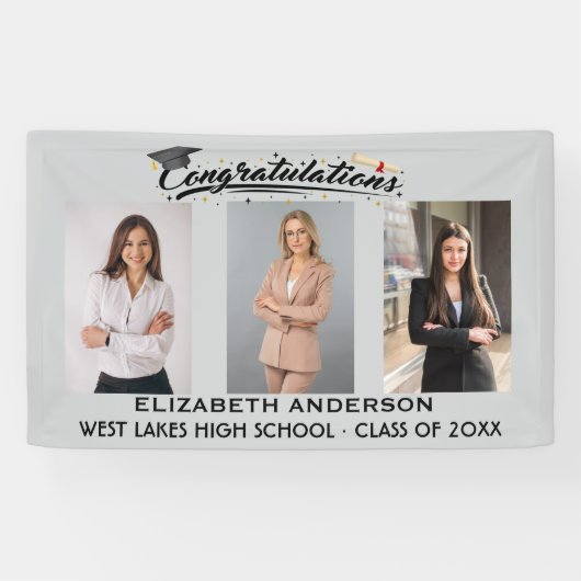 Elegante felicitaties afstudeerscript 3 foto spandoek (Horizontaal)