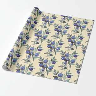 Elegante Festive Waterverf Blauwe Bessen op Beige Cadeaupapier