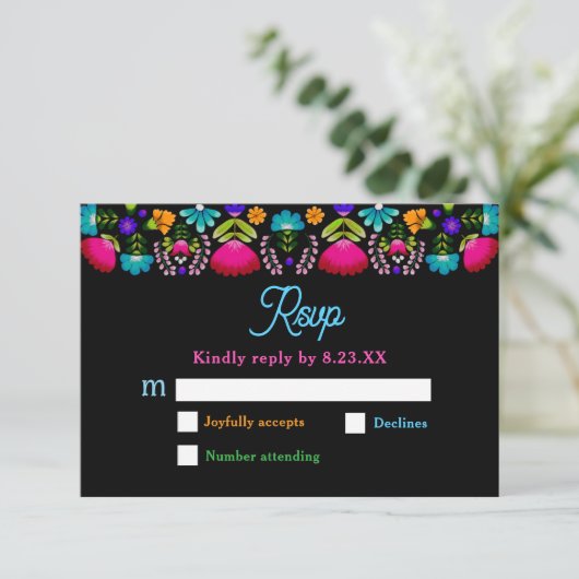 Elegante fiesta bruiloft reactie RSVP kaartje (Staand voorkant)