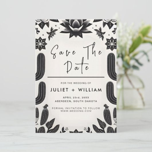 Elegante Fiesta Cactus Floral Mexicaanse bruiloft Save The Date (Staand voorkant)