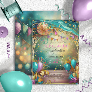 Elegante Fiesta Quinceanera Lavendel/Blauwgroen ID Kaart