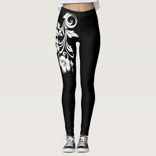 Elegante filigraan bloemen Modern zwart en wit Leggings (Voorkant)
