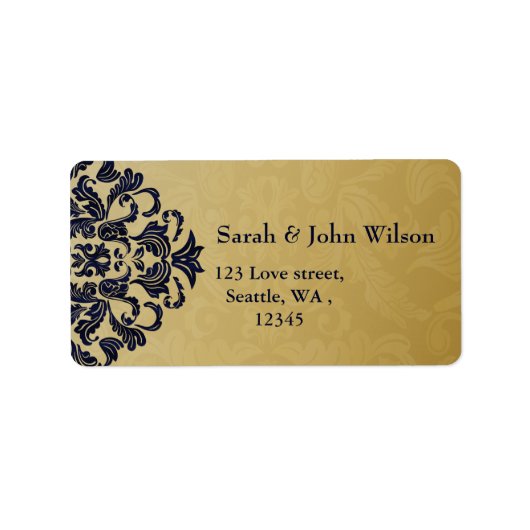 Elegante Filigree Navy Gouden Bruiloft Etiket (Voorkant)