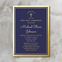 Elegante First Communion Navy Blue Boy Gold Folie Uitnodiging