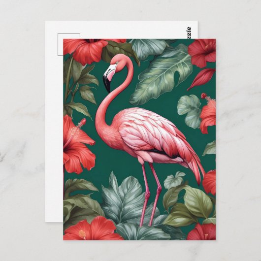 Elegante Flamingo Hibiscus Bloemen Smaragd Groen Briefkaart (Voorkant / Achterkant)