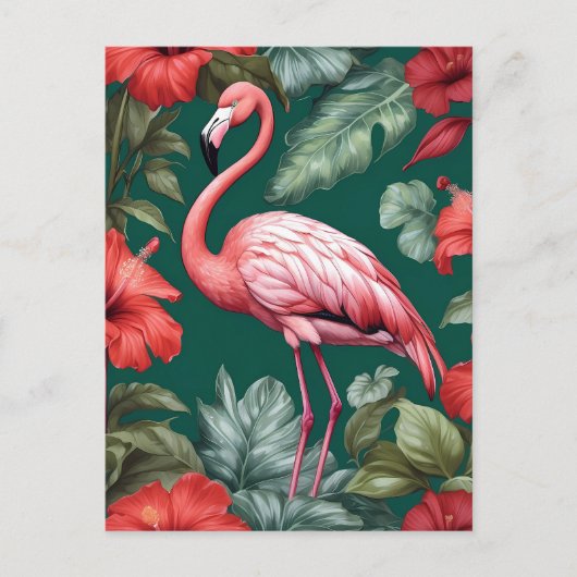 Elegante Flamingo Hibiscus Bloemen Smaragd Groen Briefkaart (Voorkant)