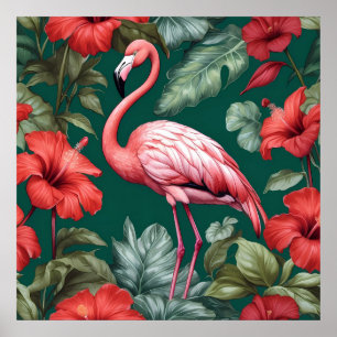 Elegante Flamingo Hibiscus Bloemen Smaragd Groen Poster