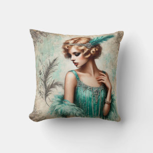 Elegante flapper dame in een turquois jurk, jaren kussen