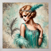 Elegante flapper dame in een turquois jurk, jaren  poster (Voorkant)
