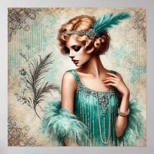Elegante flapper dame in een turquois jurk, jaren  poster (Voorkant)