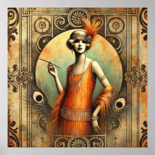 Elegante Flapper Lady in een Oranje jurk, Art Deco Poster