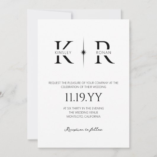 Elegante Flare Monogram Huwelijk Kaart (Voorkant)