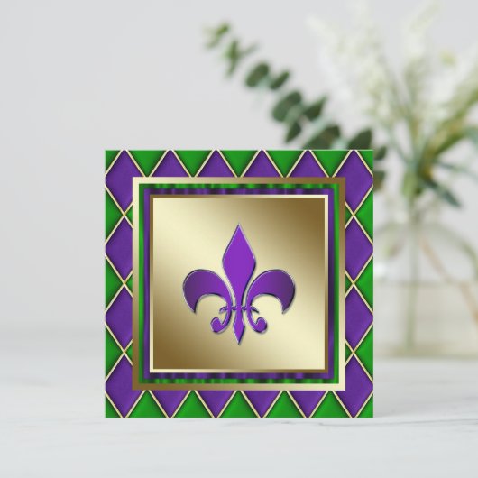 Elegante Fleur de Lis Mardi Gras bruiloft Kaart (Staand voorkant)