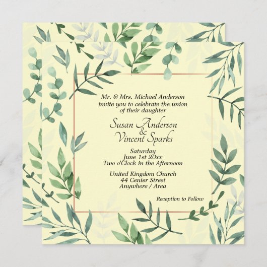 Elegante Flora en Fauna Lijst Gele Bruiloft Kaart (Voorkant / Achterkant)