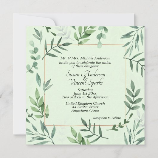 Elegante Flora en Fauna Lijst Groene Bruiloft Kaart (Voorkant)