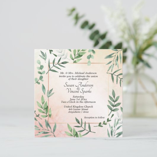 Elegante Flora en Fauna Touch of Peach Bruiloft Kaart (Staand voorkant)