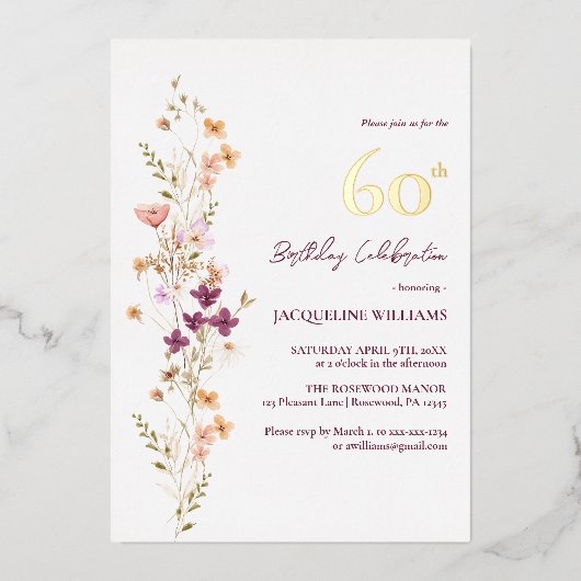 Elegante Floral 60ste verjaardag Folie Uitnodiging (Voorkant)