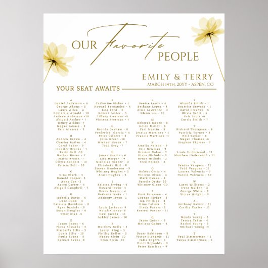 Elegante Floral Alfabetische Huwelijkszitgrafiek Poster (Voorkant)
