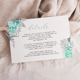 Elegante Floral Aqua Silver Script Wedding Details Informatiekaartje
