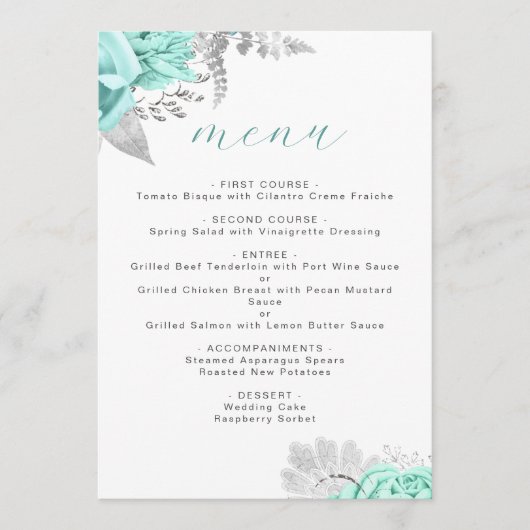 Elegante Floral Aqua Zilveren bruiloft Menu (Voorkant)