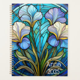 Elegante Floral Art Nouveau Iris glas-in-lood blau Planner