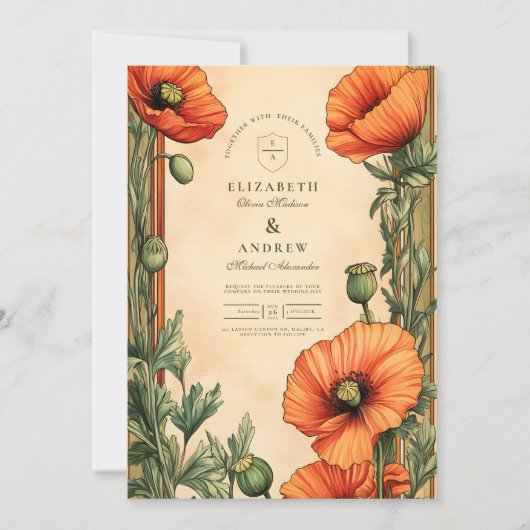 Elegante Floral Art Nouveau Poppy Wedding Kaart (Voorkant)