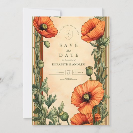 Elegante Floral Art Nouveau Poppy Wedding Save The Date (Voorkant)